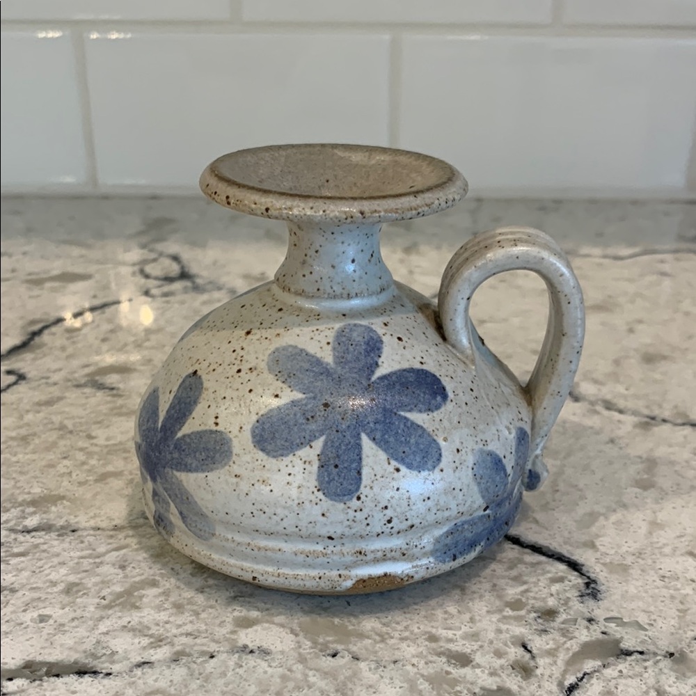 Handcrafted Pottery Vase with Blue Floral Design